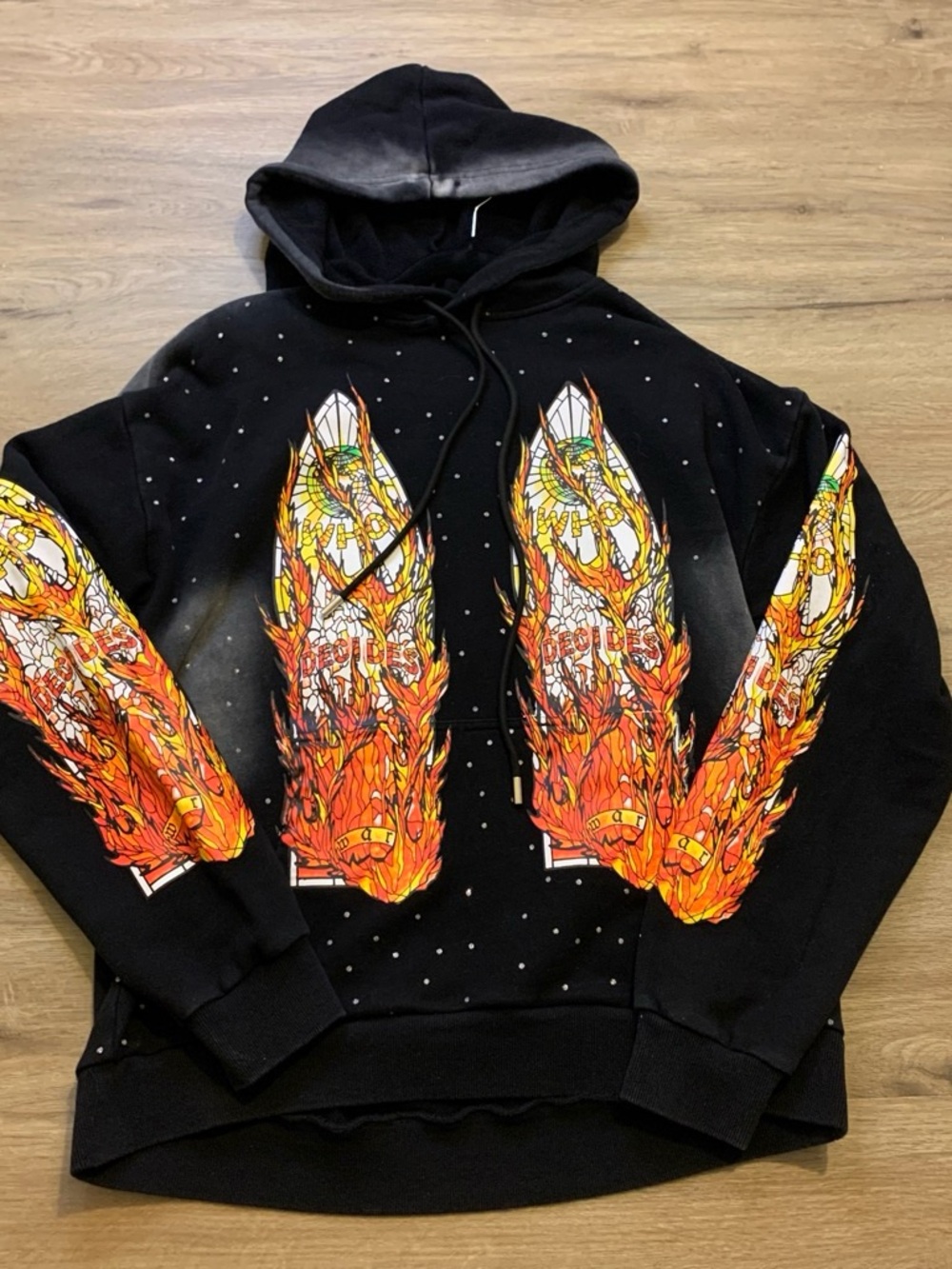Men's Black Pullover Hoodie with Fiery Graphic Print